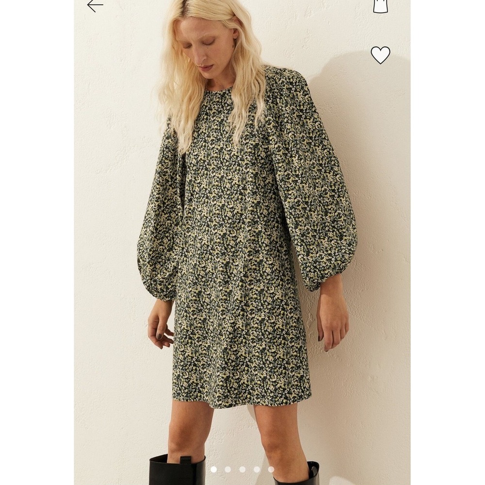 H&M Green Floral Mini Dress with Cream Accents